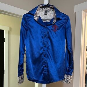 Blue Button Down Shirt with Floral Accents